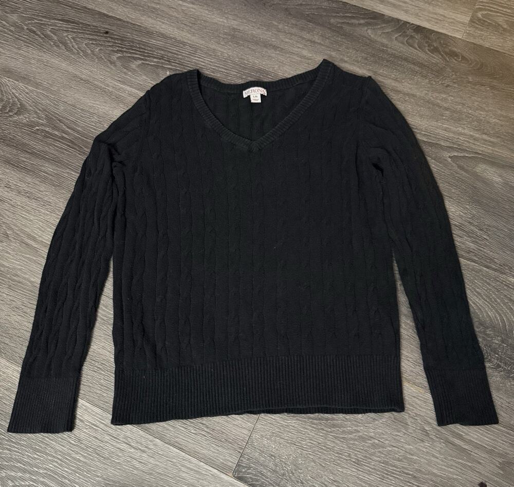 Black Cable Knit Merona V Neck Pullover Long Sleeve Womens L
